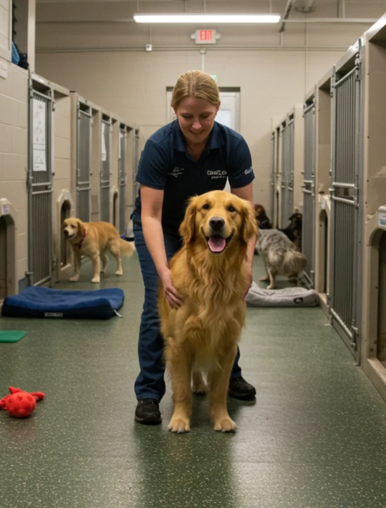 women boarding dog